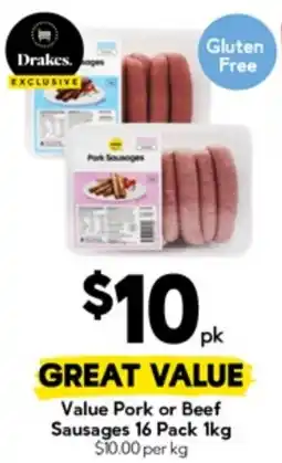 Drakes Value Pork or Beef Sausages offer