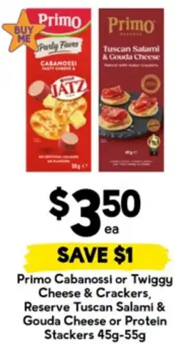 Drakes Primo Cabanossi or Twiggy Cheese & Crackers, Reserve Tuscan Salami & Gouda Cheese or Protein Stackers offer