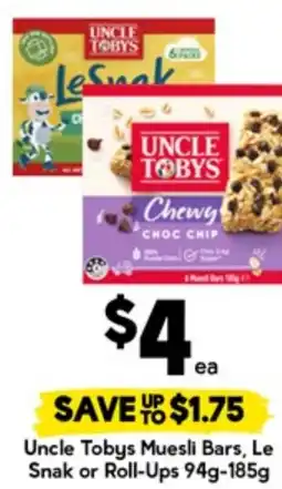 Drakes Uncle Tobys Muesli Bars, Le Snak or Roll-Ups offer
