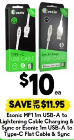 Drakes Esonic mf1 1m usb-a to lightening cable charging & sync or esonic 1m usb-a to type-c flat cable & sync offer