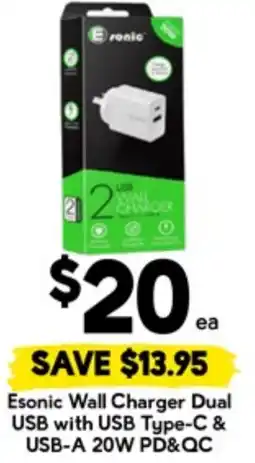 Drakes Esonic wall charger dual usb with usb type-c & usb-a 20w pd&qc offer