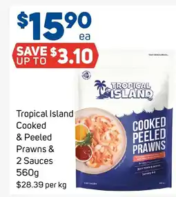 Foodland Tropical island cooked & peeled prawns & 2 sauces offer