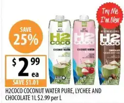 Supabarn H2coco coconut water pure, lychee and chocolate offer