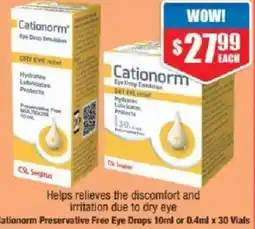 Chemist Warehouse Cationorm preservative free eye drops offer