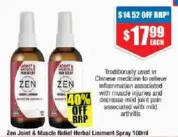 Chemist Warehouse Zen joint & muscle relief herbal liniment spray offer