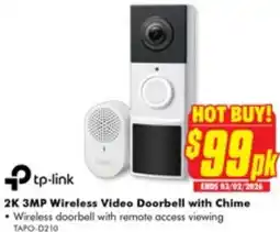 The Good Guys Tp-link 2K 3MP Wireless Video Doorbell with Chime offer
