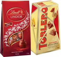 IGA Lindt Lindor Chocolate Bag 123β125g or Toblerone Pralines 180g Selected Varieties offer