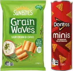IGA Doritos Minis Cheese Supreme 120g or Sunbites Grain Waves Wholegrain Chips 170g Selected Varieties offer