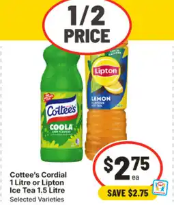 IGA Cottee's cordial 1 litre or lipton ice tea offer