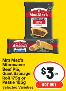 IGA Mrs mac's microwave beef pie, giant sausage roll offer