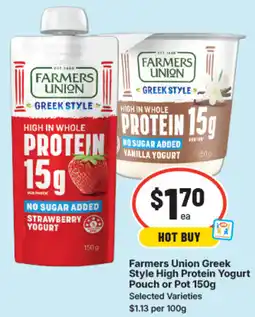 IGA Farmers union greek style high protein yogurt pouch or pot offer