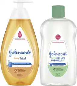 Coles Johnson's Baby 3-in-1 Wash or Aloe Vera & Vitamin E Oil 500mL offer