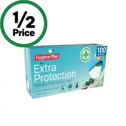 Woolworths Hygiene plus extra protection powder free vinyl gloves med/large offer