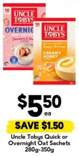 Drakes Uncle tobys quick or overnight oat sachets offer