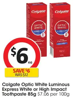 Coles Colgate Optic White Luminous Express Teeth Whitening 2% Hydrogen Peroxide Toothpaste offer