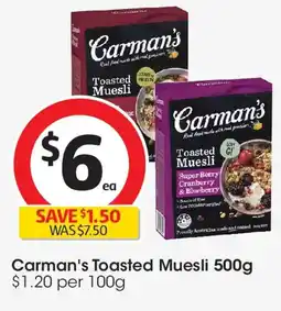 Coles Carman's Muesli Toasted Super Berry Cranberry & Blueberry offer