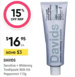 Super Pharmacy Davids sensitive + whitening toothpaste with ha peppermint offer