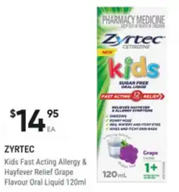 Super Pharmacy Zyrtec kids fast acting allergy & hayfever relief grape flavour oral liquid offer