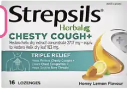 Priceline Strepsils Herbal Chesty Cough+ Triple Relief Honey Lemon Flavour offer