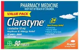 Amcal Pharmacies Claratyne Rapid Hayfever & Allergy Relief Value Pack 10mg 90 Tablets offer