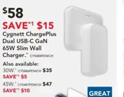 Harvey Norman Cygnett chargeplus dual usb-c gan 65w slim wall charger offer
