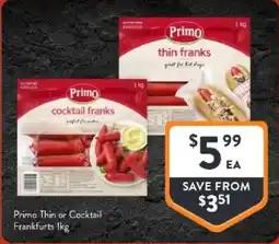 Foodworks Primo Thin or Cocktail Frankfurts offer