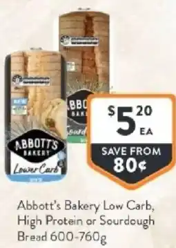 Foodworks Abbott's Bakery Low Carb, High Protein or Sourdough Bread offer