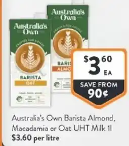 Foodworks Australia's own barista almond, macadamia or oat uht milk offer