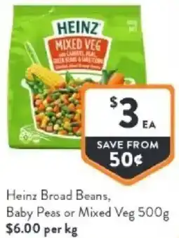 Foodworks Heinz broad beans, baby peas or mixed veg offer