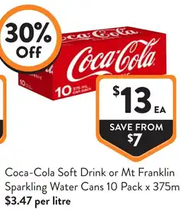 Foodworks Coca-cola soft drink or mt franklin sparkling water cans offer