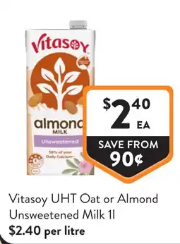 Foodworks Vitasoy uht oat or almond unsweetened milk offer
