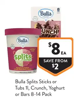 Foodworks Bulla splits sticks or tubs 11, crunch, yoghurt or bars offer