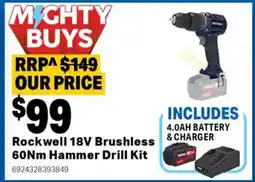 Mitre 10 Rockwell 18v brushless 60nm hammer drill kit offer