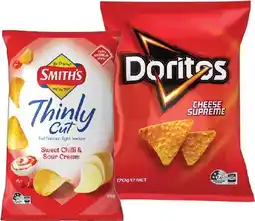 IGA Doritos Corn Chips 150‑170g or Smith’s Thinly Cut Chips 175g Selected Varieties offer
