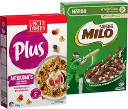 IGA Uncle Tobys Plus Cereal 410‑435g or Nestlé Milo Cereal 330‑350g Selected Varieties offer