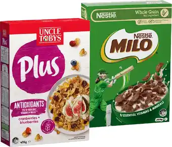IGA Uncle Tobys Plus Cereal 410‑435g or Nestlé Milo Cereal 330‑350g Selected Varieties offer