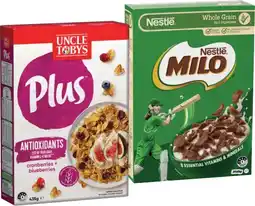 IGA Nestlé Milo Cereal 330-350g or Uncle Tobys Plus Cereal 410-435g Selected Varieties offer