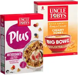 IGA Uncle Tobys Plus Cereal 410‑435g or Big Bowl Oats Quick Sachets 8 Pack Selected Varieties offer