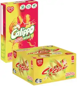 IGA Streets Cyclone Ice Block 8 Pack or Calippo Mini 10 Pack Selected Varieties offer