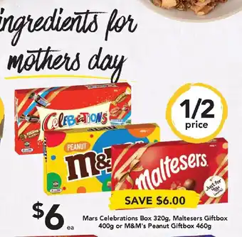 Mars Celebrations Gift Box 320g, Maltesers Giftbox 400g or M&M's Peanut Giftbox 460g