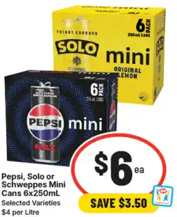 IGA Pepsi, solo or schweppes mini cans offer