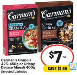 IGA Carman's granola or crispy deluxe muesli offer