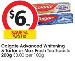 Coles Colgate advanced whitening & tartar or max fresh toothpaste offer