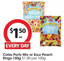 Coles Coles party mix or sour peach rings offer
