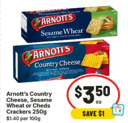 IGA Arnott's country cheese sesame wheat or crackers offer