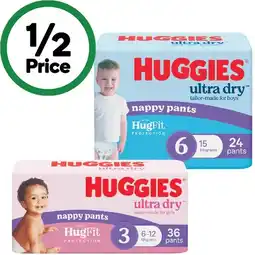 Woolworths Huggies Ultra Dry Nappy Pants Boys Size 6 Pk 24 or Huggies Ultra Dry Nappy Pants Girls Size 3 Pk 36 offer