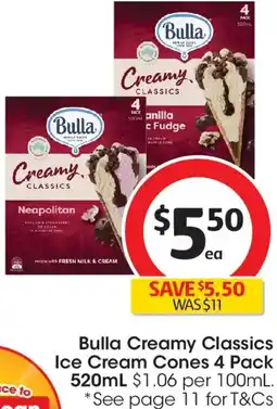 Coles Bulla creamy classics ice cream cones 4 pack offer
