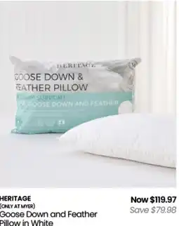Myer Heritage goose down and feather pillow in white offer