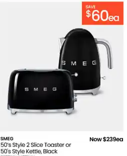 Myer Smeg 50's style 2 slice toaster or 50's style kettle, black offer