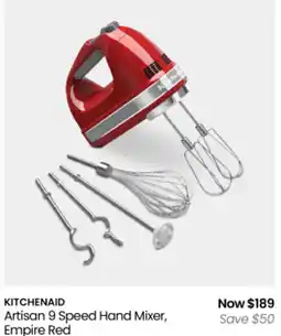 Myer KITCHENAID Artisan 9 Speed Hand Mixer, Empire Red offer